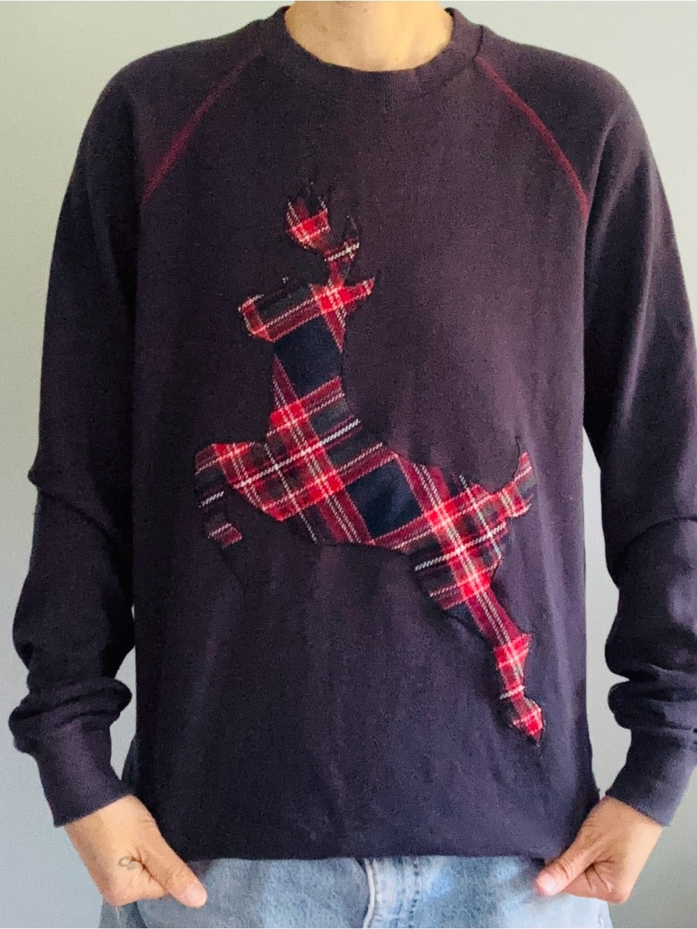 Dexter Navy Crewneck Sweatshirt with Red Plaid Reindeer